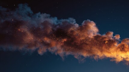 Abstract artwork features fiery, glowing smoke-like formations against a deep blue, starlit backdrop. Glowing embers scatter