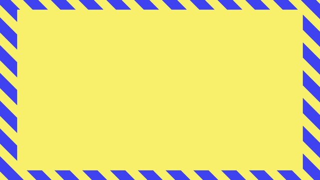 Yellow background with blue diagonal striped border frame motion, minimalist geometric caution pattern layout for creative banner or industrial notice design