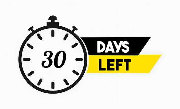 30 Days Left Countdown Timer, Stopwatch Icon for Deadlines and Events, isolated on white background 