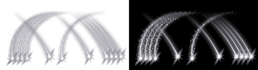 Collection of brilliant silver shooting stars creating dynamic light trails on transparent background © TASNIMULHASSAN