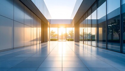 Fototapeta premium Modern Architectural Corridor Bathed in Golden Sunlight, Reflecting Trees and Sky
