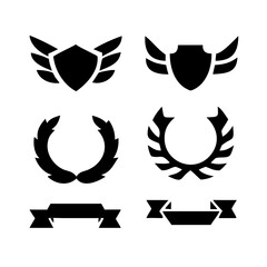 Obraz premium Laurel wreath, shield, wing, ribbon, and banners vector set. Laurel wreaths, shields, wings, ribbons illustration for awards, heraldry, logos, badges, and branding designs .