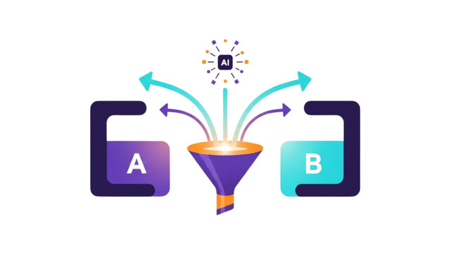 AI Driven A/B Split Testing Vector: Marketing Funnel Optimization, Digital Data Comparison Strategy, Machine Learning Algorithm & Automated Decision Making Concept Illustration