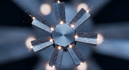 Abstract mechanical assembly with sparks and circular arrangement closeup
