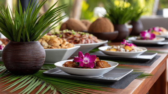 Outdoor Dining Table Setup Surrounded by Lush Palm Trees with Exquisite Dishes and Stylish Decor for a Relaxed Culinary Experience