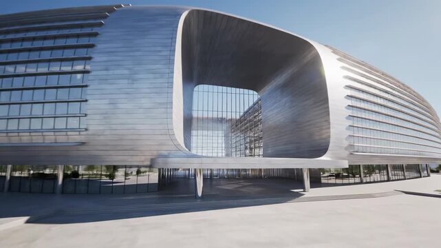 Modern architectural composition featuring a contemporary building entrance and an open air atrium
