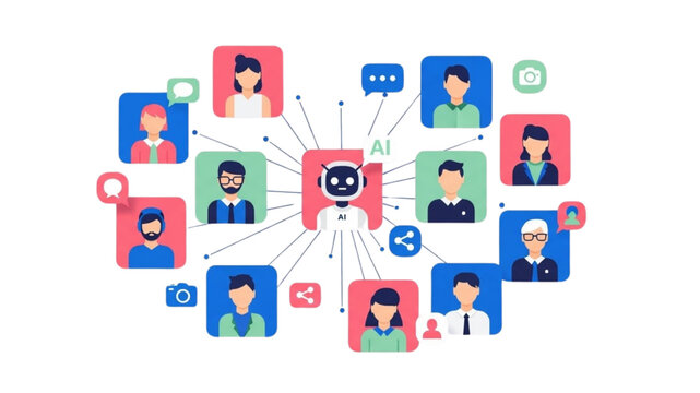 Artificial Intelligence Social Network Vector: AI Robot Chatbot Connecting Diverse User Avatars, Digital Community Communication, Algorithm & Customer Support Automation Concept Illustration