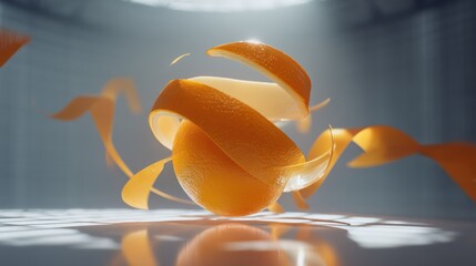 A colossal levitating orange hovers, its peel unraveling into glowing ribbons. The reflective floor beneath captures sharp, noise-free shadows.