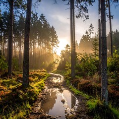 Sunlit Forest Path - A Serene Morning Walk Through Natures Embrace.