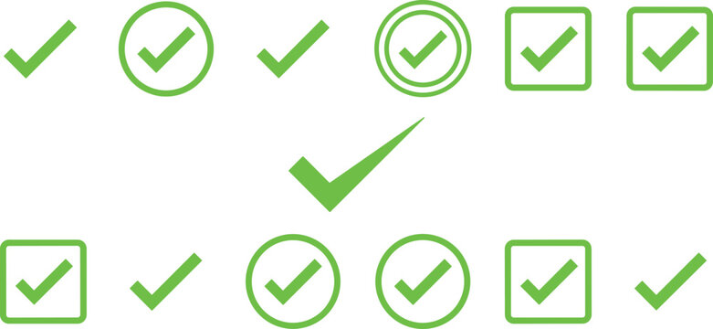Universal green checkmark validation icon set featuring various tick symbols in circular, square, and outline styles for successful task completion and data verification.
