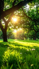 Sunlit Meadow - A Serene Landscape of Greenery and Sunlight.