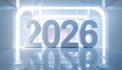 The year 2026 is prominently displayed in a bright, clean, and futuristic white room with soft, rounded architectural features and overhead lighting.