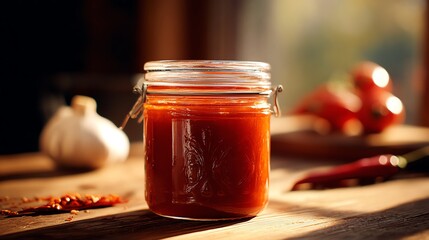 Homemade Red Sauce Jar with Ingredients on Rustic Table