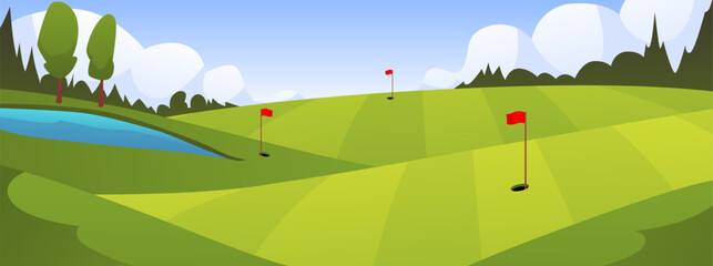 Golf course with flags and holes, nature landscape of green golf field course with hills vector flat illustration