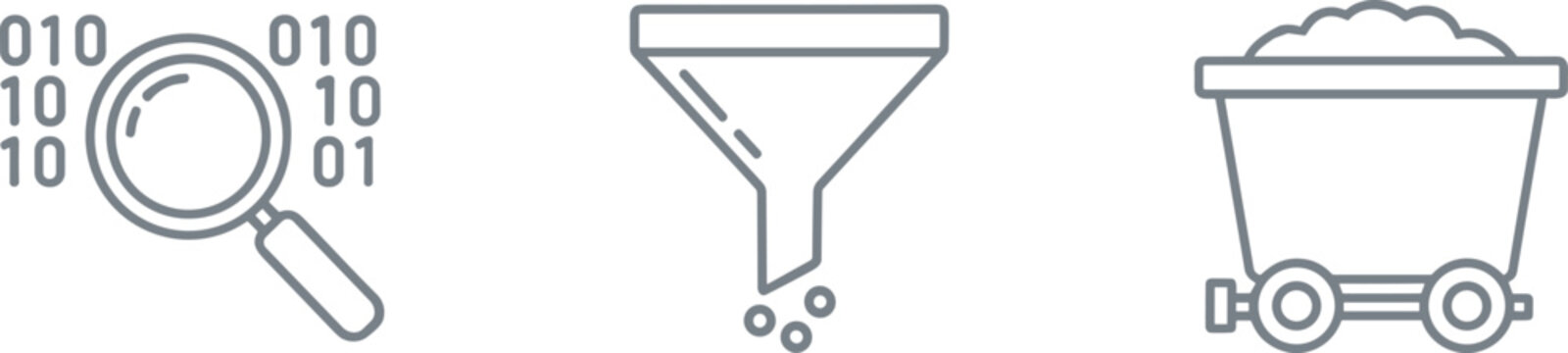 Data mining and information processing line icon set featuring binary code analysis with magnifying glass, data filtering funnel, and resource extraction mining cart.