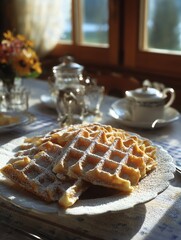 Golden Waffles with Powdered Sugar and Tea Set by Window Light