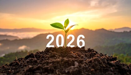 A vibrant green seedling sprouts from fertile soil, with white numbers "2026" integrated, overlooking a mountain landscape at sunset.