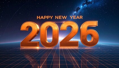 A futuristic digital illustration of Happy New Year 2026 in a starry night sky with a grid floor