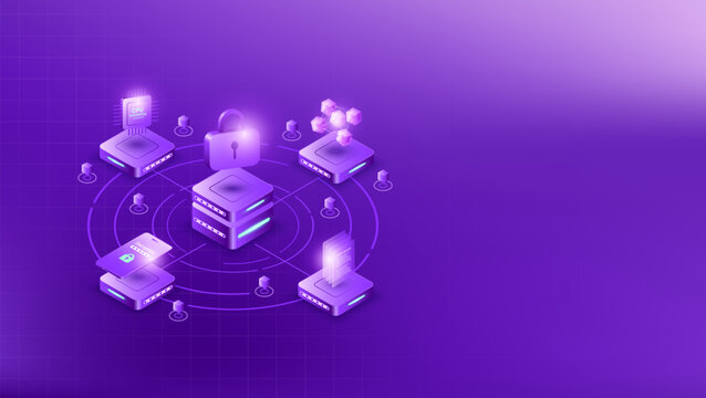 Isometric blockchain technology concept with secure data server and encryption.