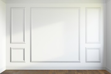 Empty white panelling wall background, classical design, with wooden floor. Mock up, 3D rendering.