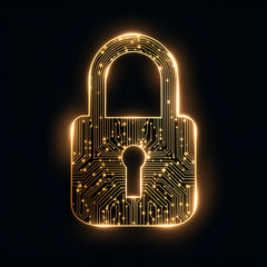 A digital lock with circuit pattern glowing in gold, symbolizing cybersecurity and data protection concepts.