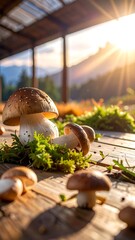 Sunlit Mushrooms on Wooden Table - A Forest Harvest.