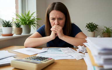 Woman sitting at a table at home looking stressed while reviewing bills, receipts, and tax documents with a calculator, illustrating income tax filing and household financial pressure
