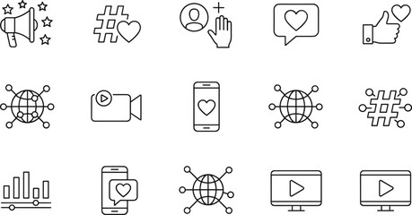 Social media engagement and digital marketing line icon set featuring viral content hashtags, community likes, video streaming, global networking, and follower growth symbols.