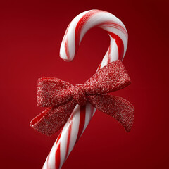 A festive red and white candy cane adorned with a sparkling bow, perfect for holiday celebrations and decorations.