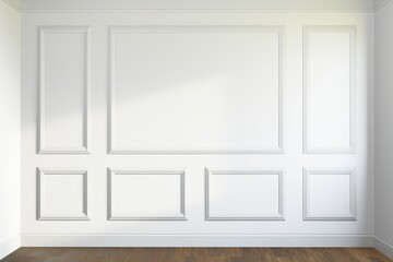 Empty white panelling wall background, classical design, with wooden floor. Mock up, 3D rendering.