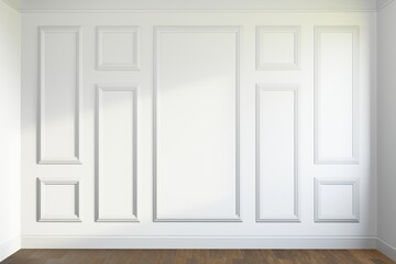 Empty white panelling wall background, classical design, with wooden floor. Mock up, 3D rendering.