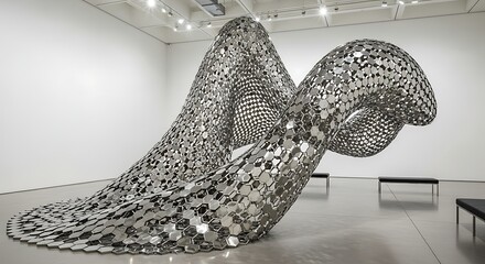 Abstract metal sculpture in art gallery with flowing shapes and texture