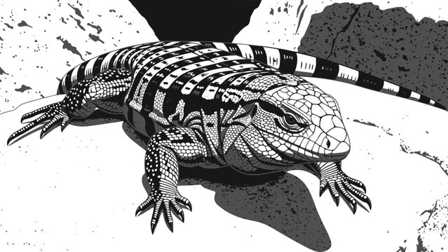 Graphic illustration of a black and white Argentine tegu lizard on a rocky surface. Design for educational wildlife posters or exotic pet care branding. Transparent background SVG version.
