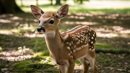 Fototapeta premium Adorable baby deer with soft brown ears and a cute white nose, symbolizing innocence, nature, and wildlife charm. Perfect for animal, forest, and cute concept designs.