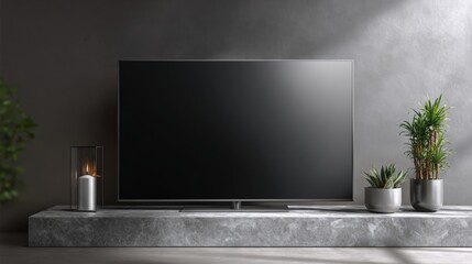 Modern Smart Tv Mockup with blank screen standing on console, modern minimalist living room. vector illustration