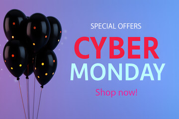 Cyber Monday banner featuring dark balloons near special offer lettering on blue background, perfect for sale ads and promotions
