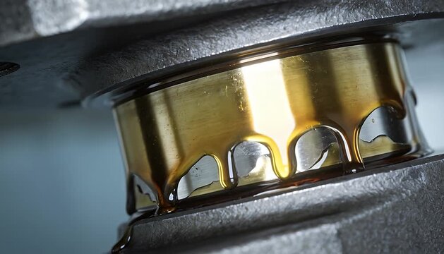 Slowly dripping onto parts detailed viscous down surface macro highlights texture flow suggesting, lubricant oil, metal engine, bearing golden.