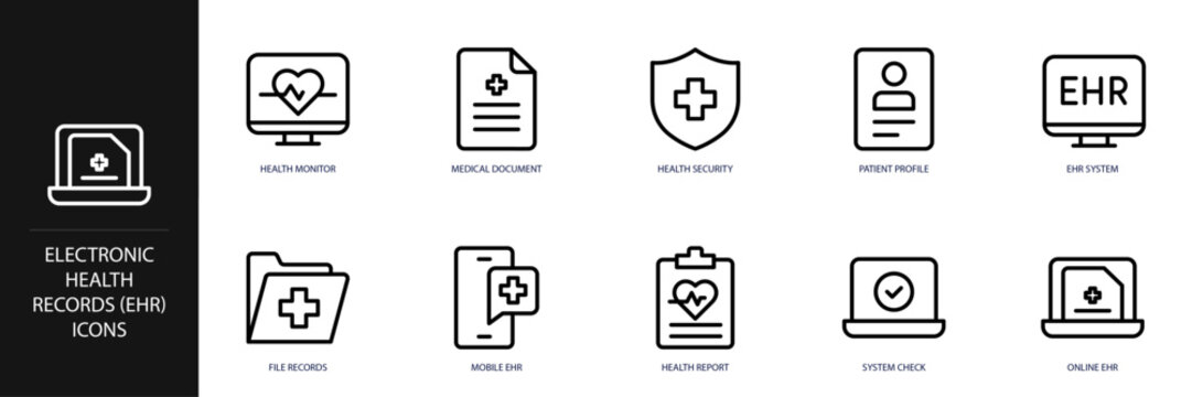 Electronic Health Records (EHR) Line Icon Set