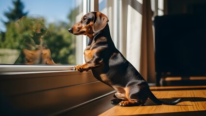 Dachshund standing in warm sunlight, gazing outside with a calm and curious expression. Cozy indoor pet moment with natural light and soft shadows.