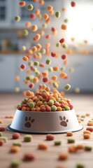 Colorful pet food raining into a bowl, showcasing nourishment and care for pets in a modern home environment.