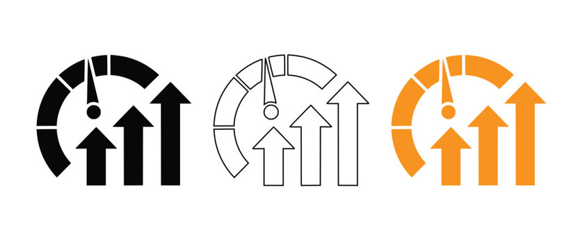 Rising performance icon set with speedometer and upward arrows indicating business growth and speed vector set