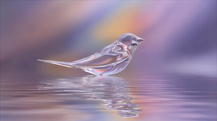 Delicate Crystal Bird on Water Surface in Surreal Reflection with Soft Color Gradient Background