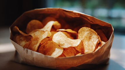 Crispy Potato Chips in a Brown Paper Bag, Close-Up View