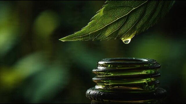 A cinematic close-up of a green liquid being poured from a leaf into a sleek glass container