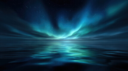 Fototapeta premium Tranquil Cosmic Horizon Reflecting Aurora Lights Over Still Water at Dusk with Stars in a Mystical Night Sky