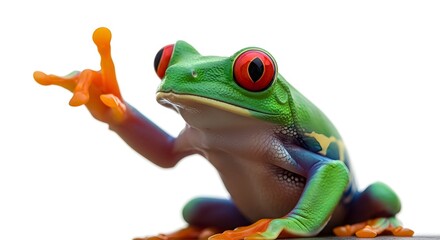 Obraz premium Green Frog Holding Orange Insect on White Background