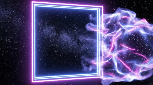 A neon square frames a nebula-like form with energy streams in space, set against a star-filled background