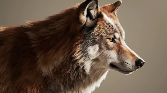 A detailed portrait of a wolf with golden eyes, showcasing brown, gray, and white fur