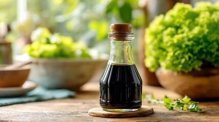 Balsamic Vinegar Bottle with Fresh Greens and Herbs