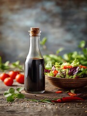 Artisanal Balsamic Vinegar Bottle with Fresh Salad and Ingredients